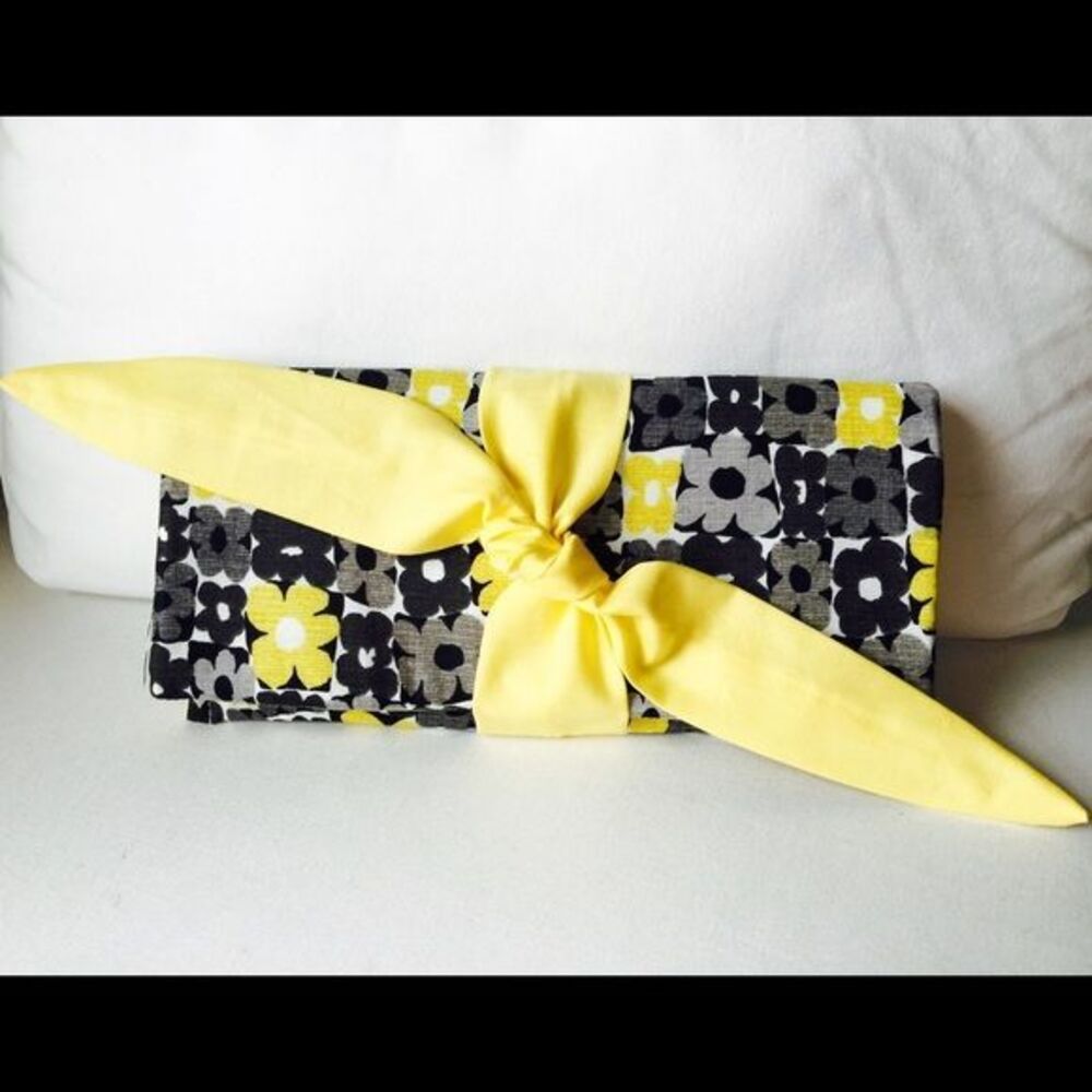 Handmade Black‎ Gray Yellow Mini clutch with tie